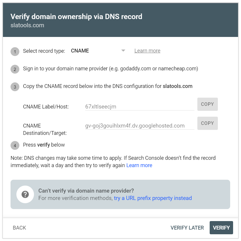 Verifica del record Cname su Google Search Console